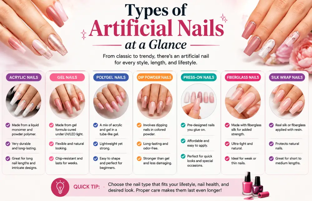 Acrylic powder, gel polish, dip powder, and press-on nails shown side by side